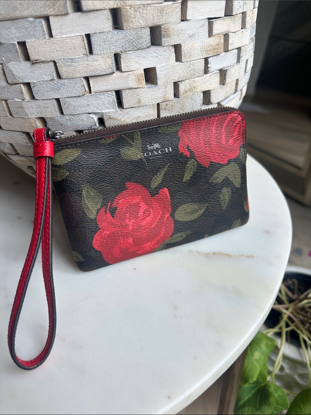Coach Floral Print Wristlet Pouch - Red Rose on Brown